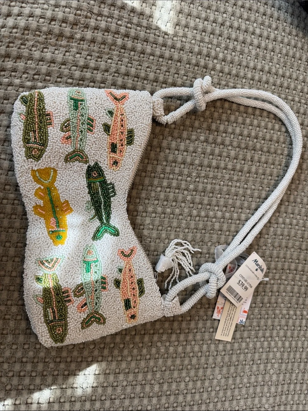 Beaded Fish Crossbody Bag - White with Green & Pink Fish